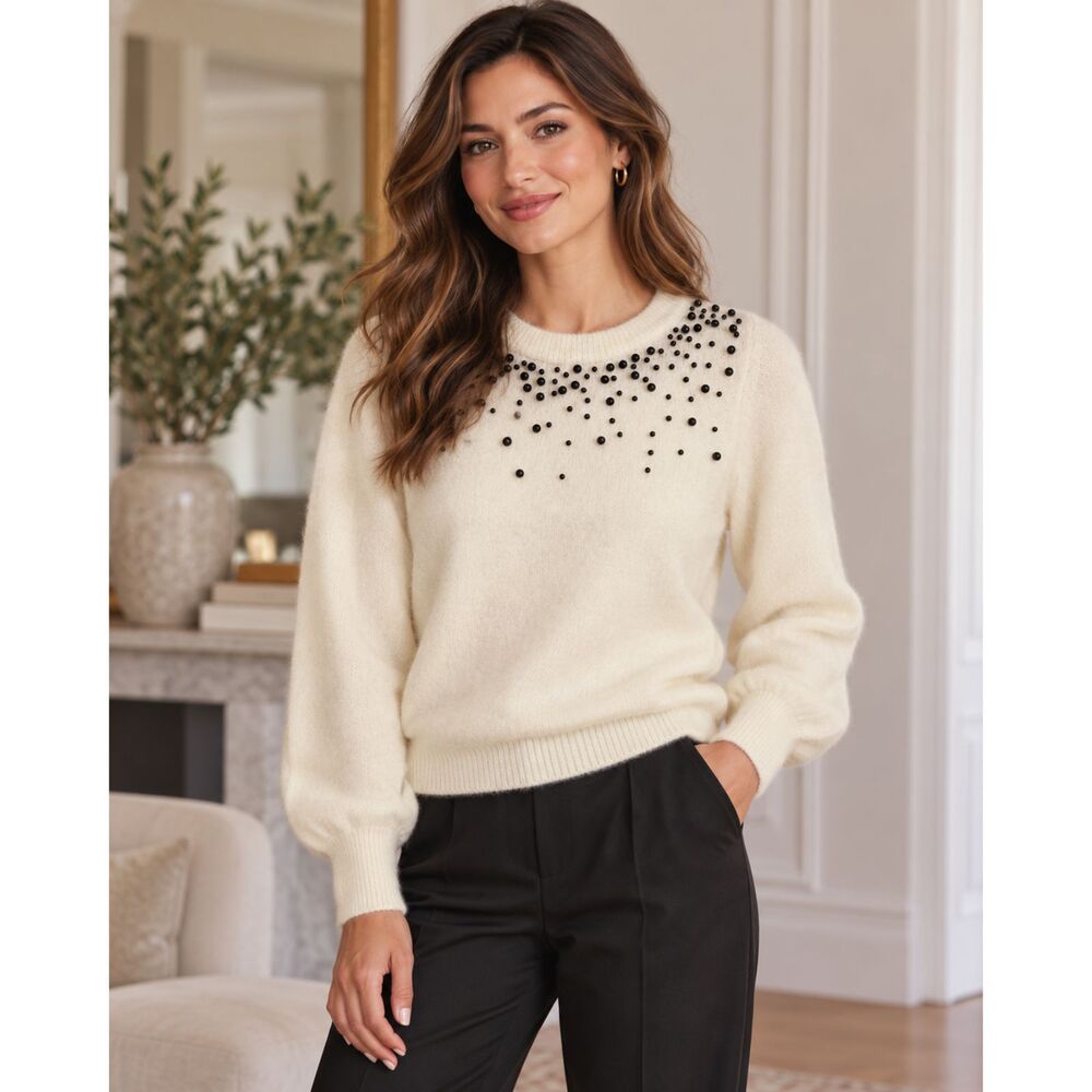 H&M Sweater with Beaded Black Pearls Cream Size S